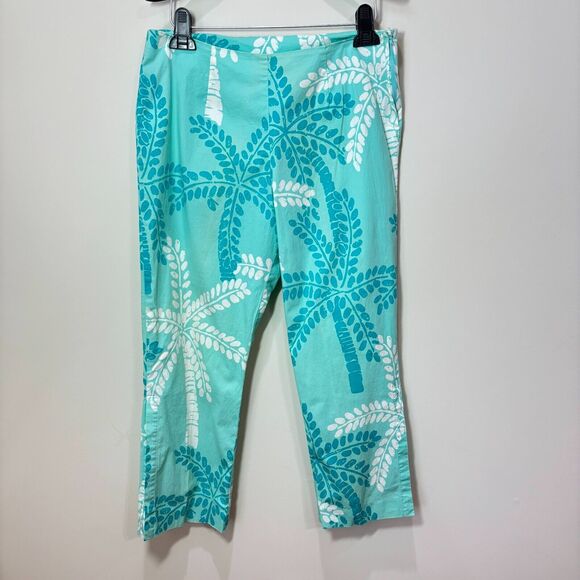 VTG Lilly Pulitzer Teal Blue Palm Tree Capri Pants 10 White Label Y2K Cropped - Picture 1 of 12